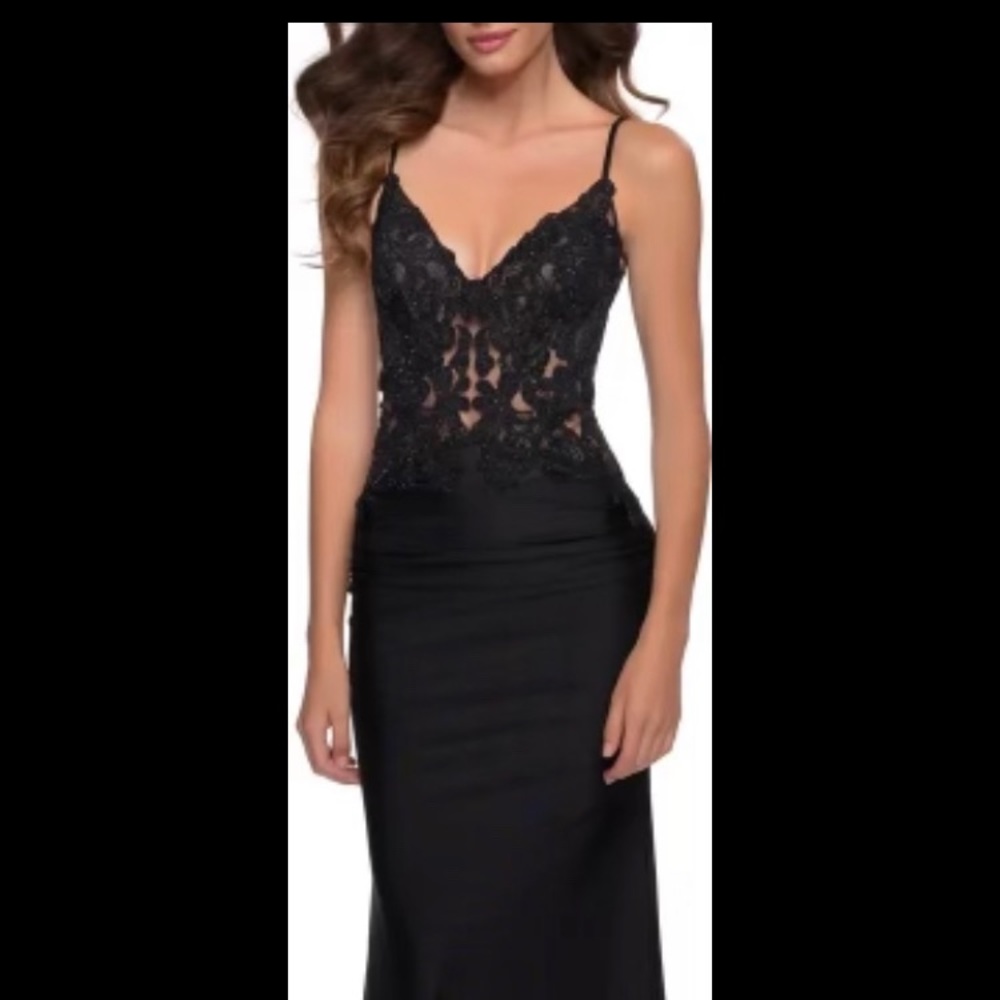 Sheer Lace Bodice, Sleeveless, Open Back, Spaghetti Straps, Full Length